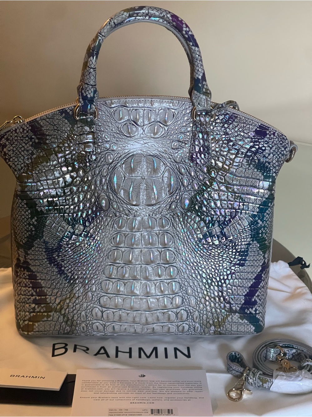 Brahmin Duxbury Iridescent Silver Croc-Embossed Satchel